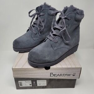 BEARPAW Phoebe Suede LaceUp Winter Hiking Boot Sheepskin Charcoal Sz 8W Neverwet